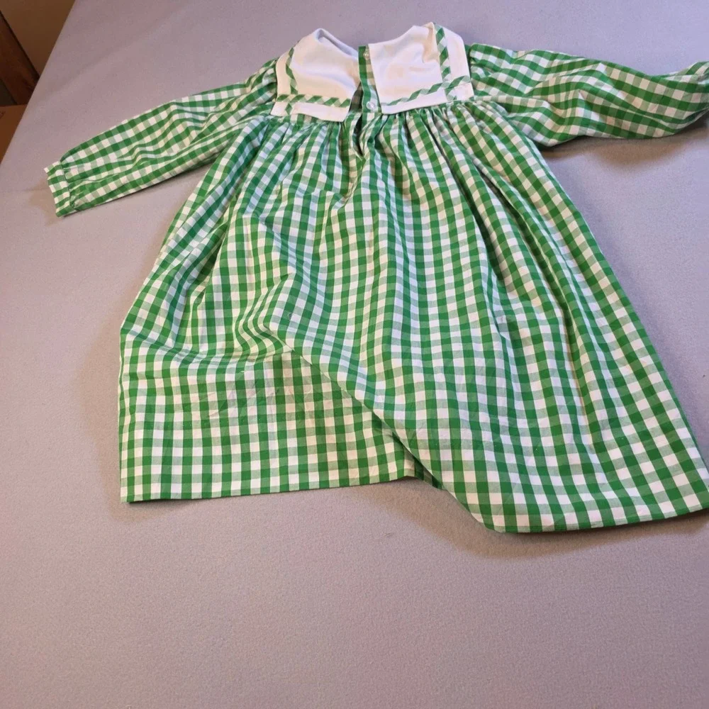 Delaney Girls Green White Gingham Check Long Sleeve Dress Peter Pan Collar 4T